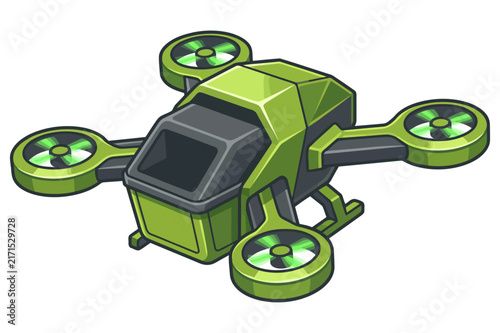 Futuristic green drone quadcopter for automated environmental monitoring and waste collection