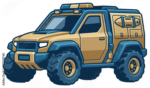 Futuristic beach patrol vehicle with off-road tires and lifeguard branding on white background.