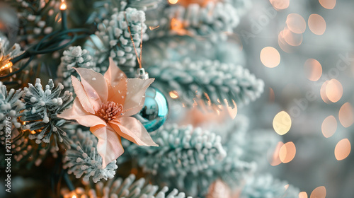 Elegant Frosted Christmas Ornament With Soft Floral Decorations and Festive Bokeh Lights