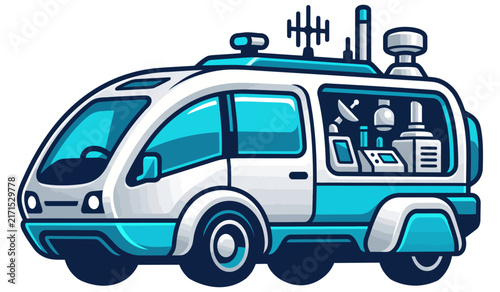 Futuristic mobile laboratory van with scientific equipment and communication antennas