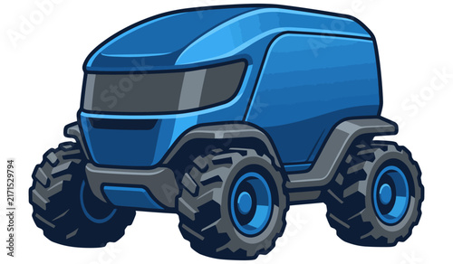 Futuristic blue autonomous transport pod with rugged off-road tires on white background