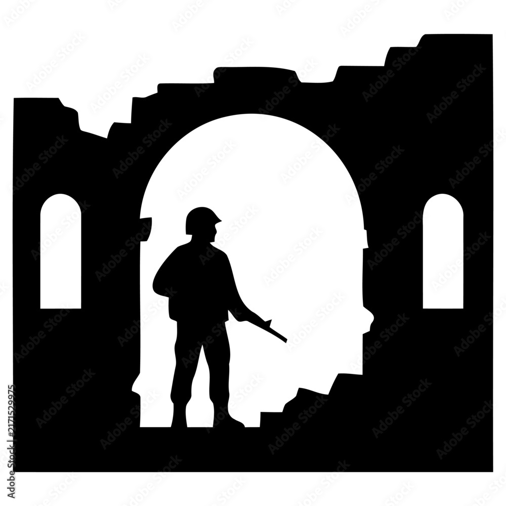 Obraz premium Minimalist vector graphic illustration featuring a black silhouette of a lone armed soldier standing guard within the dark ruins of an old archway