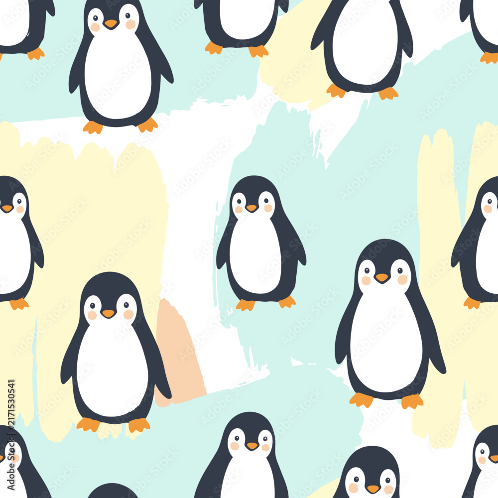 Fototapeta premium Seamless pattern featuring cute cartoon penguins with round bodies and orange feet on a background of pastel abstract brushstrokes in light blue, yellow, and peach tones.