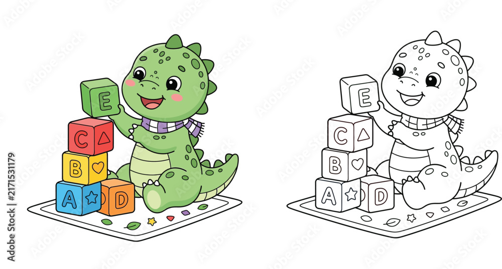 Obraz premium Cute Baby Dinosaur Playing with Alphabet Blocks Cartoon Illustration and Coloring Page Vector Set for Kids Education and Activity
