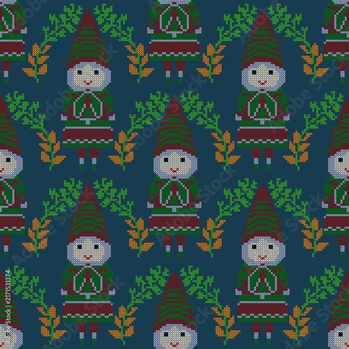 Nordic winter seamless pattern with cross stitch embroidery gnomes, plants and elements for decoration background and backdrop artwork.