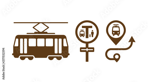 Public tram transport icon set featuring an electric streetcar vehicle navigation signs and location markers transport streetcar electric navigation illustration isolated
