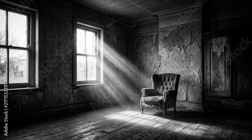 Vintage armchair sits inside a dark decaying room illuminated by bright natural light through windows