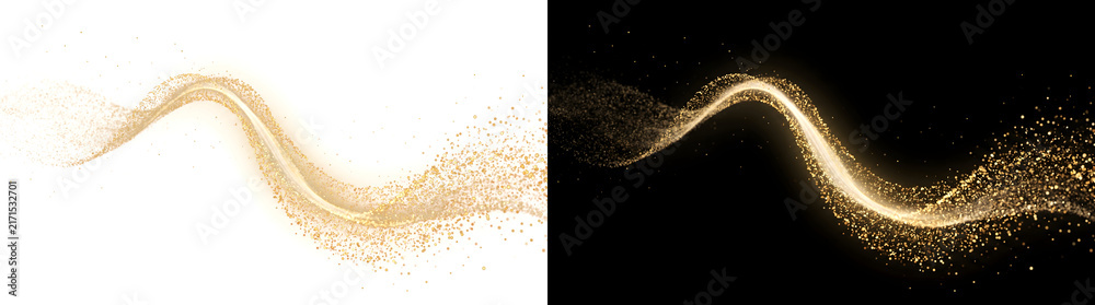 Fototapeta premium Glitter Wave flowing golden dust stream with sparkling particle clusters on black background including PNG, Transparent and Black Background Versions for luxury designs