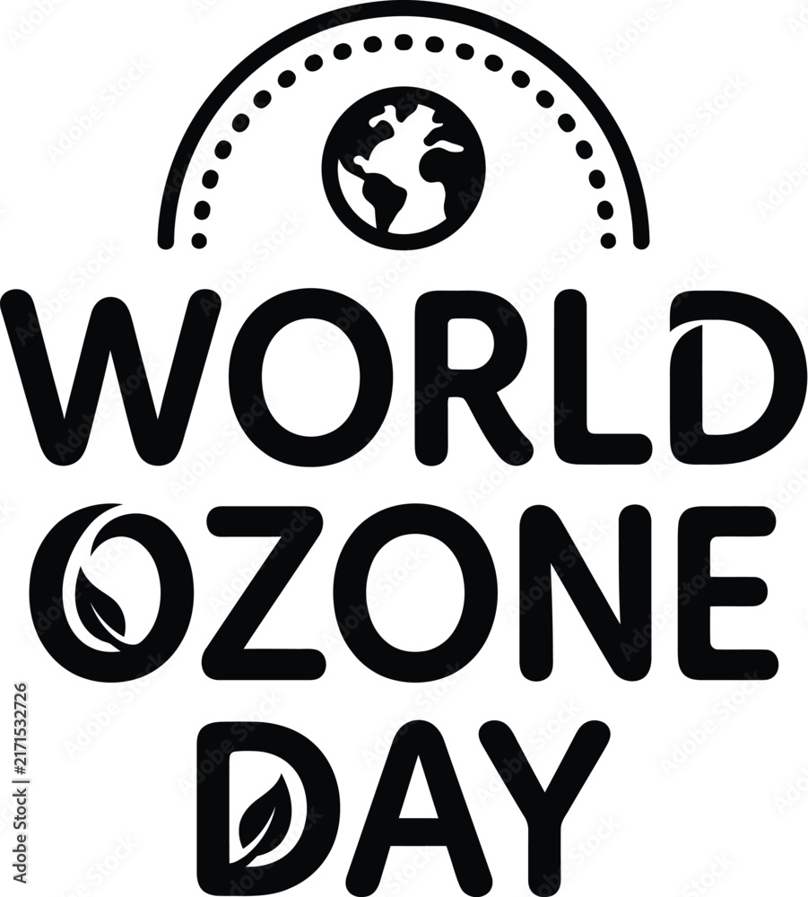 Naklejka premium Minimalist world ozone day text design with dotted arc globe and leaf icons.