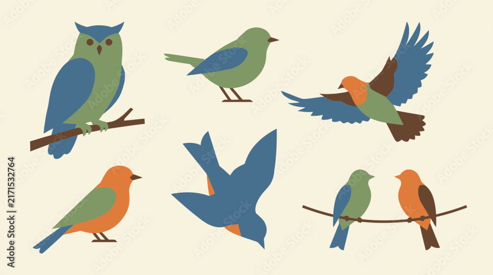 Obraz premium Set of stylized flat vector birds in various poses on a light background.