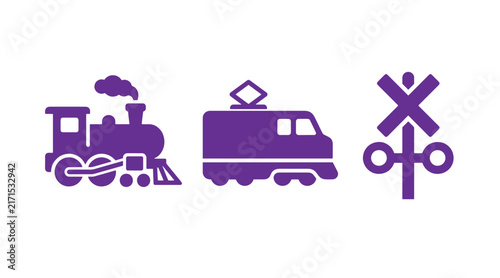 Set of railway and train transportation icons featuring a steam engine electric train railroad crossing signal transport locomotive transportation crossing railroad