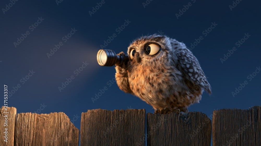 Fototapeta premium Cute small owl standing on wooden fence holding flashlight shining light in dark night with curious expression and big eyes looking around