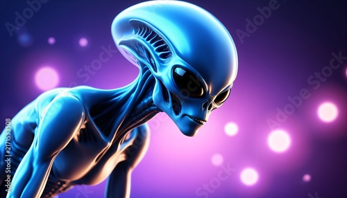 Blue alien profile portrait with glowing bokeh background