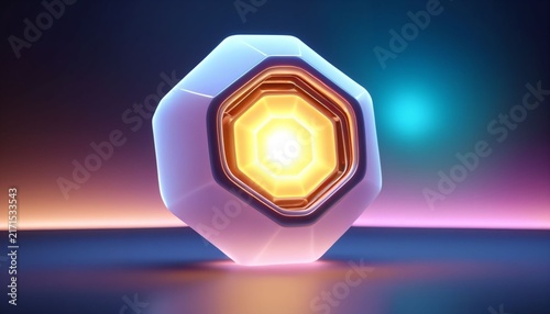 Octagonal glowing tech object on futuristic gradient background