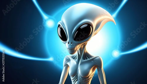 Gray alien portrait with luminous circular energy background