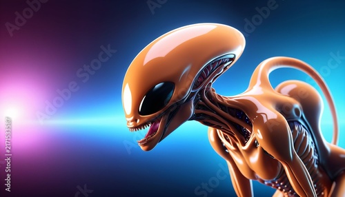 Orange alien creature profile with neon light beam