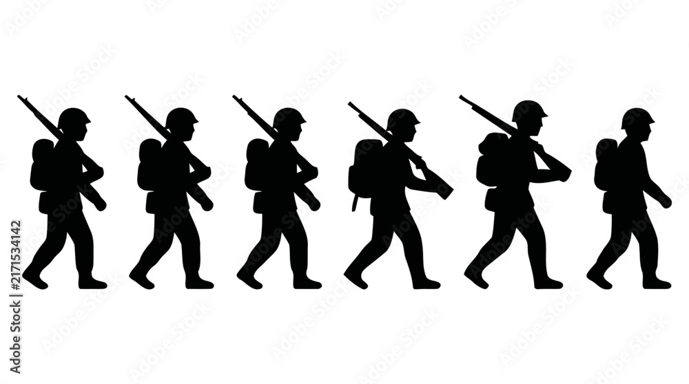 Obraz premium Silhouette vector illustration showing a regiment of brave soldiers walking together in a line while carrying their military rifles during a combat mission