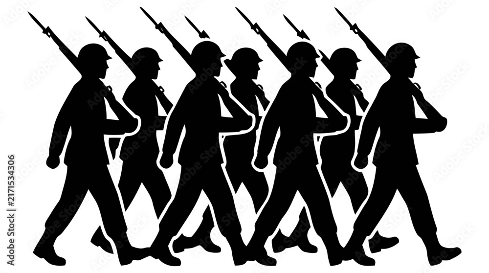 Obraz premium Detailed vector illustration of a squad of soldiers marching in a synchronized line while carrying their long rifles across their sturdy shoulders today