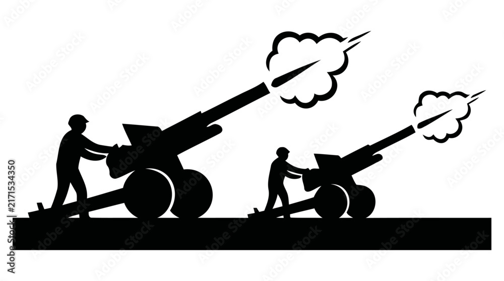Obraz premium Silhouette vector illustration of soldiers firing large artillery cannons with smoke clouds emanating from the barrels during wartime action