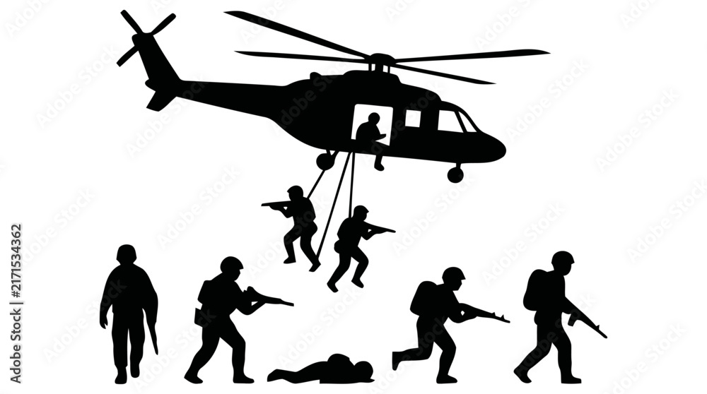 Obraz premium Detailed vector illustration featuring armed soldiers deployed from a military helicopter and infantry men in combat formation on the ground during intense operations