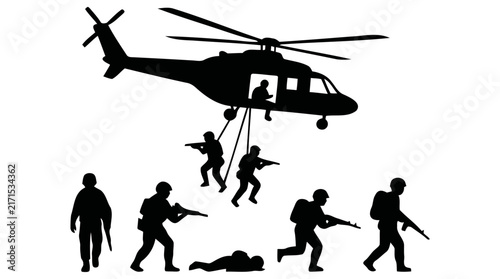 Canvas Print Detailed vector illustration featuring armed soldiers deployed from a military h