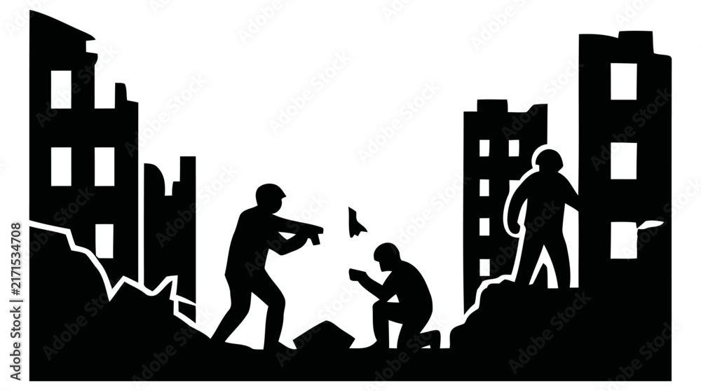 Obraz premium Silhouette vector illustration of soldiers engaged in a combat mission within a destroyed urban city environment showing tactical military forces during intense conflict