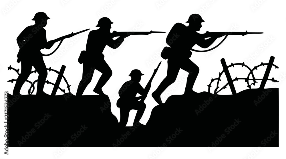 Obraz premium Silhouette vector illustration showing a group of brave soldiers charging forward with rifles across a dangerous battlefield during an intense military wartime conflict