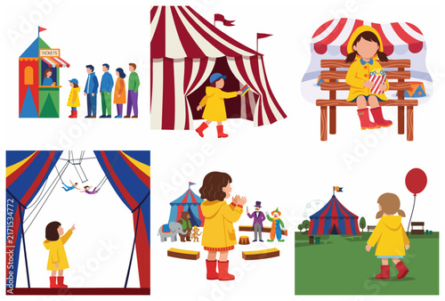 Set of Circus Theme Illustrations Featuring a Little Girl Enjoying Various Carnival Activities