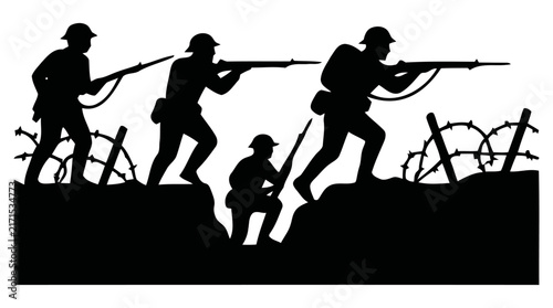 Foto Silhouette vector illustration showing a group of brave soldiers charging forwar