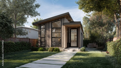Scandinavian ADU Modern small house with large windows and a pathway surrounded by greenery and trees in a suburban backyard.