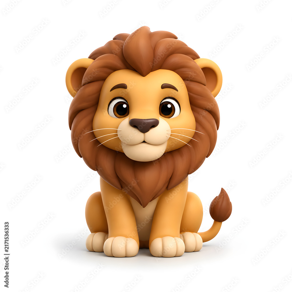 Fototapeta premium Cute 3D Cartoon Lion Cub with Fluffy Brown Mane Sitting on White Background for Children's Content and Animal Character Design