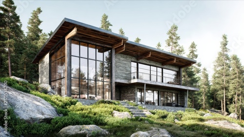 Scandinavian ADU Modern cabin-style house with large glass windows surrounded by pine trees and rocky terrain in a forest setting.