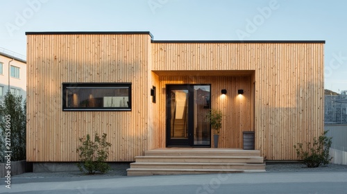 Scandinavian ADU Modern minimalist wooden house exterior with clean lines, large windows, and a small front porch lit by warm lights.