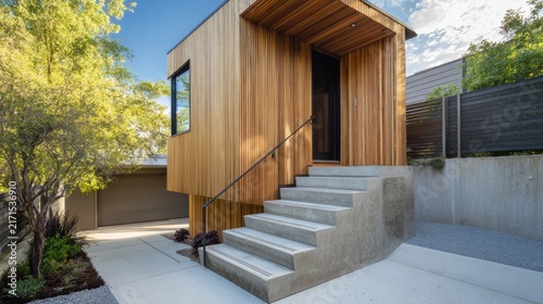 Scandinavian ADU Modern exterior of a small wooden building with concrete stairs and a metal railing in a landscaped outdoor area.