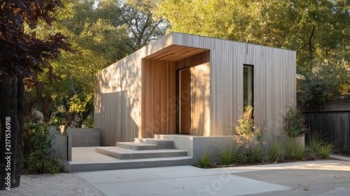 Scandinavian ADU Modern small house with wood paneling and concrete steps surrounded by trees and greenery under natural daylight.