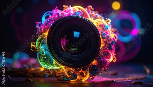 Camera lens encased in tangled neon light wires.