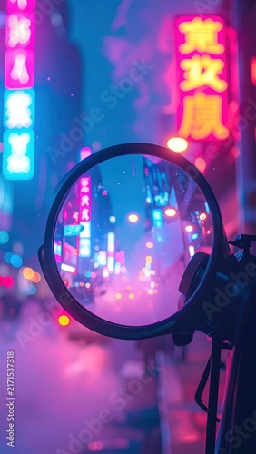 Camera lens reflecting neon urban night.
