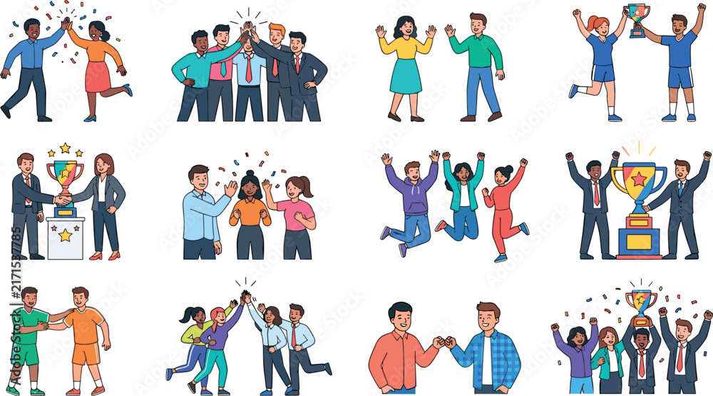 Fototapeta premium Successful Business Team and Athletes Celebrating Victory Icon Set with People High Fiving Jumping Holding Trophy Cup for Corporate Reward Designs