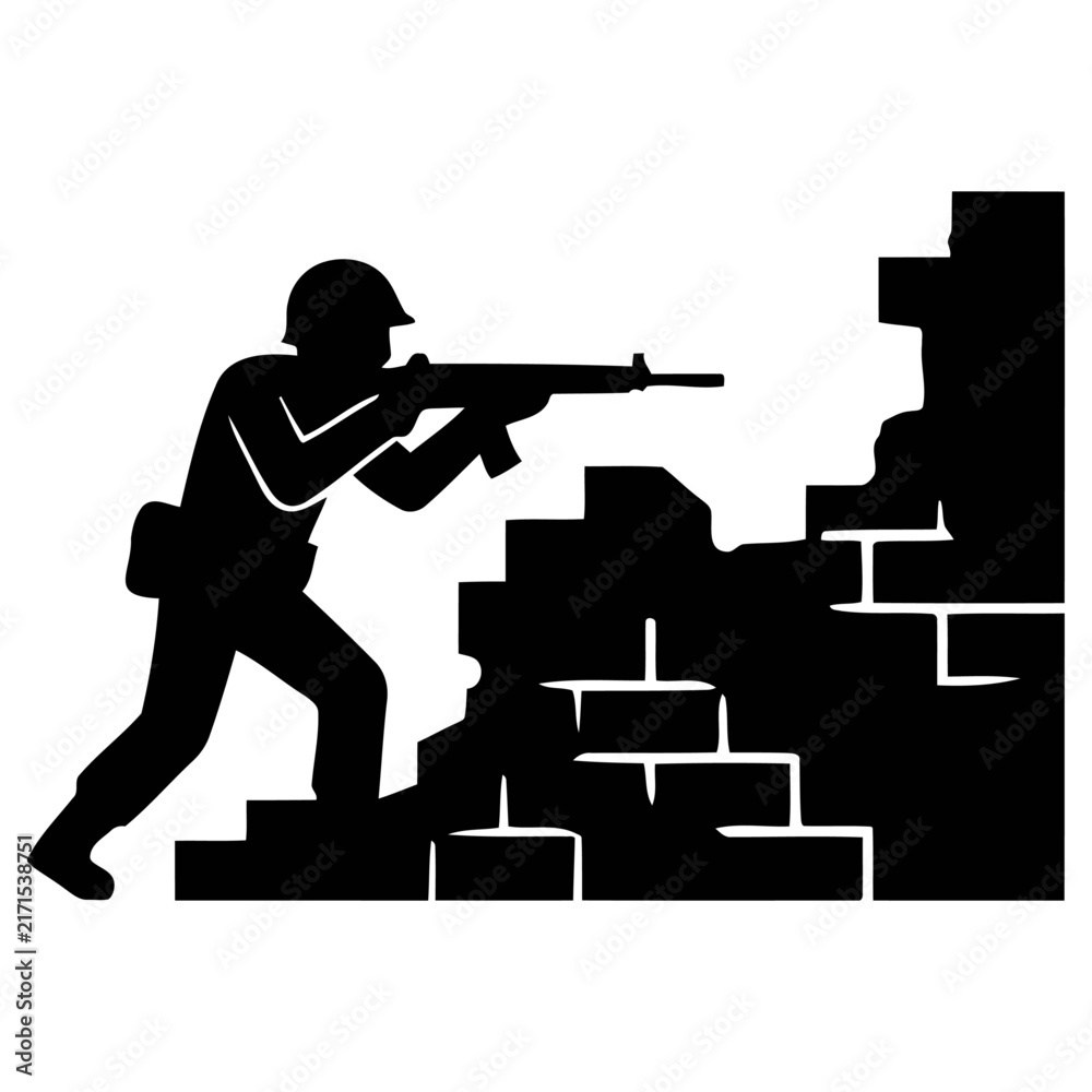 Obraz premium Silhouette vector illustration of a soldier firing a rifle from behind a destroyed brick wall in a tactical combat scenario