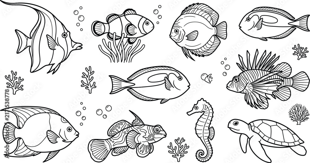Obraz premium Tropical coral reef fish vector line art set with clownfish lionfish seahorse sea turtle and underwater marine icons