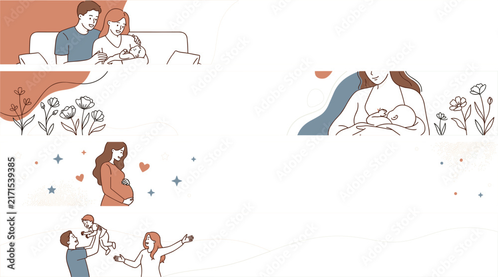 Naklejka premium Minimalist Motherhood and Family Banner Template Set with Line Art Pregnancy, Breastfeeding Mother, Parents and Newborn Baby, and Toddler Playtime Illustrations