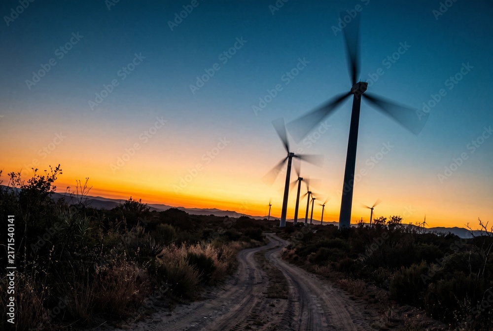 Obraz premium Wind Turbine Farm Generating Renewable Energy at Sunrise in Rural Landscape