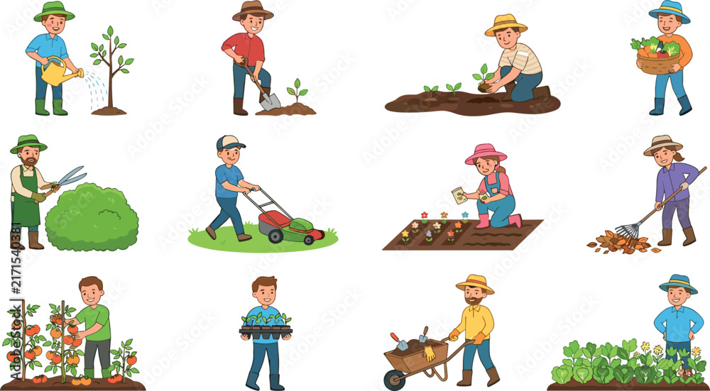 Fototapeta premium Cute Cartoon Farmers and Gardeners Character Vector Set Performing Agricultural Activities Like Watering, Planting, Mowing, Harvesting, and Gardening on White Background