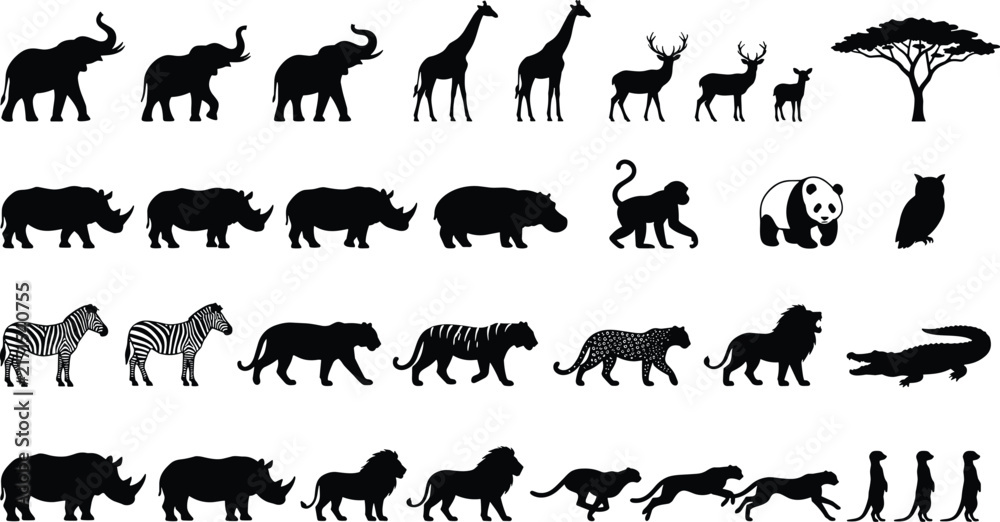 Fototapeta premium Wild safari animals black shape icons collection featuring elephant giraffe lion tiger zebra rhino hippopotamus and deer