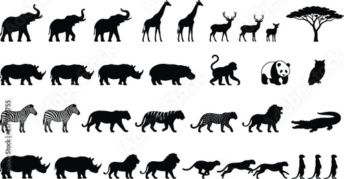 Photography Wild safari animals black shape icons collection featuring elephant giraffe lion