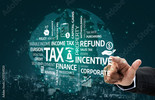 Konstfotografi Visual representation of global tax concepts and financial terms, illustrating the intricacies of taxation, regulations, and strategic financial planning for businesses