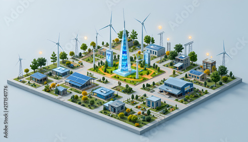 Isometric 3D model of a sustainable eco city with wind turbines and green energy tech.