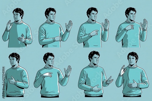 Pixel art illustration of a young man performing sign language gestures in various hand poses