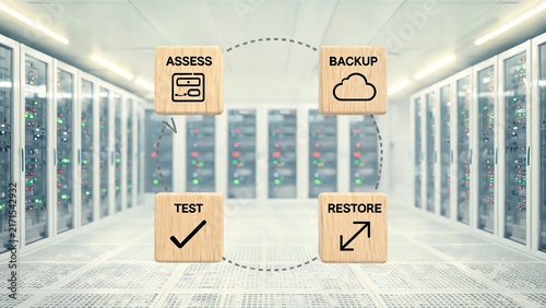 Disaster Recovery Planning Workflow Wooden Blocks Over Data Center Server Hall Top Down Shot
