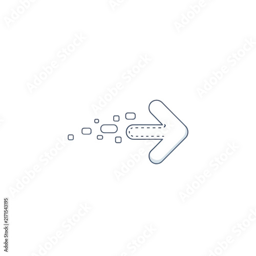Modern vector arrow icon with digital particles flowing to the right, representing data transfer, progress, and forward momentum in a clean minimalist design